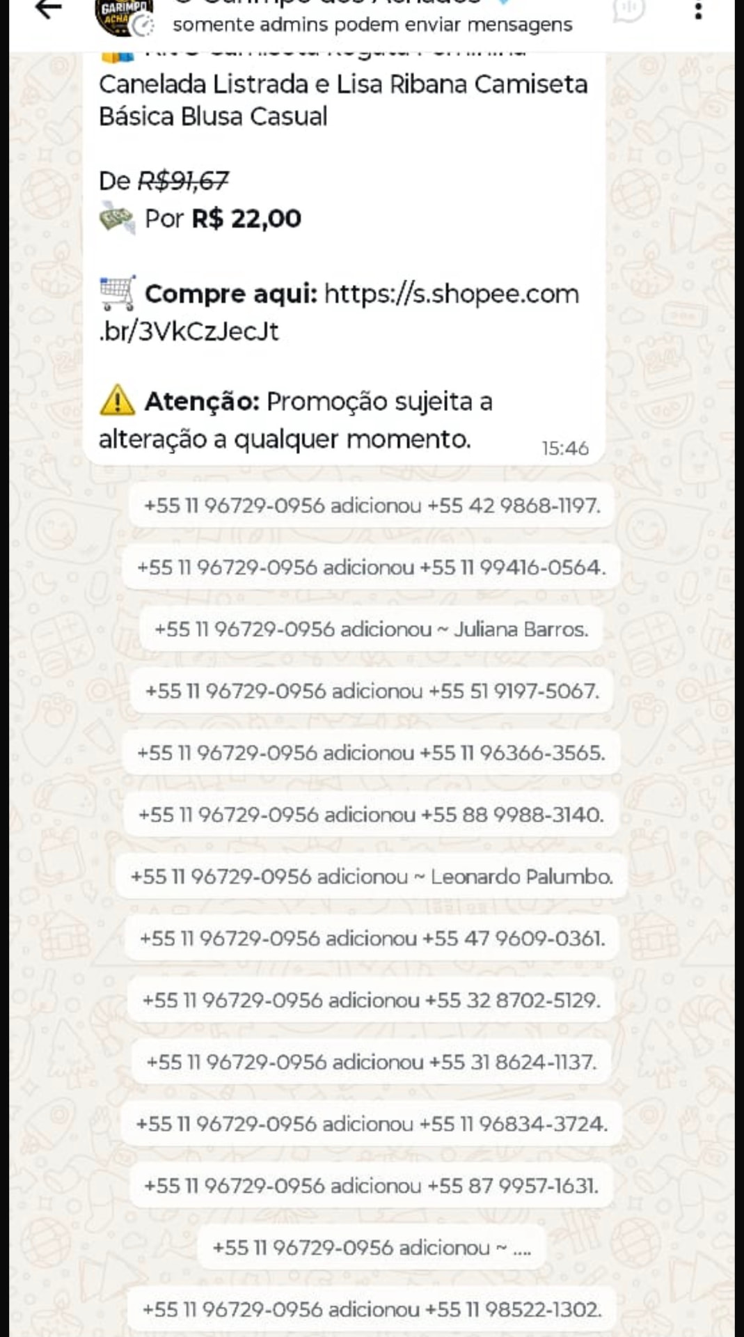 Grupo recebendo novos participantes pelo link de afiliado