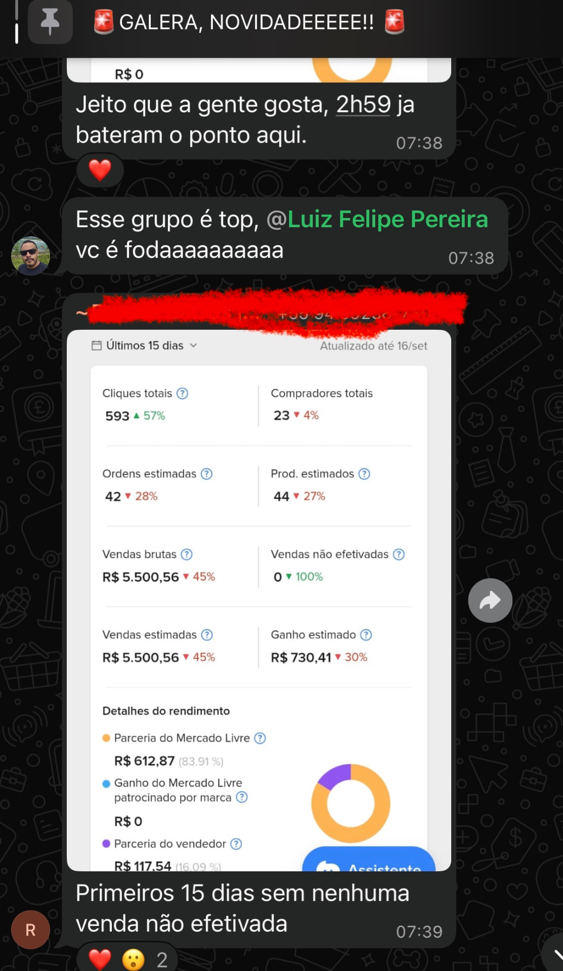 Mensagem de aluno comemorando resultado