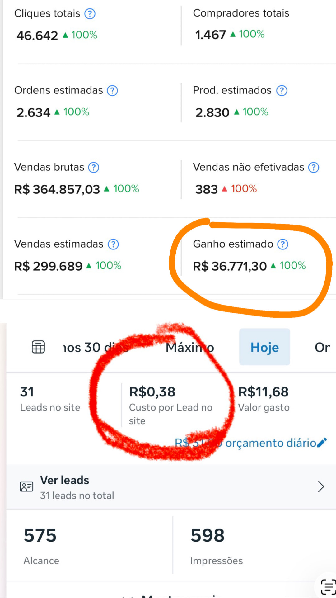 Painel de vendas brutas e ganhos estimados de aluno